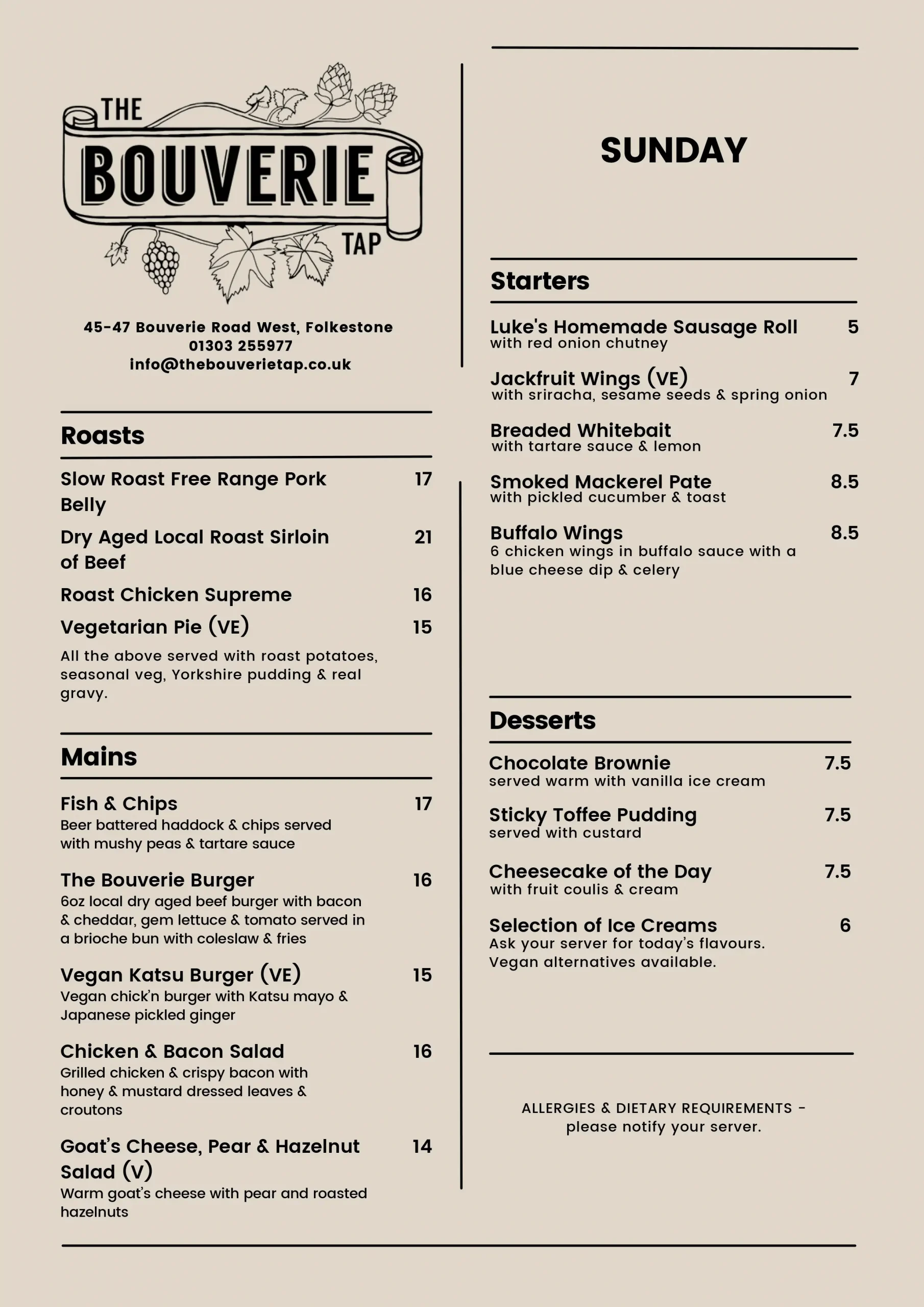 bouverie tap sunday roast menu